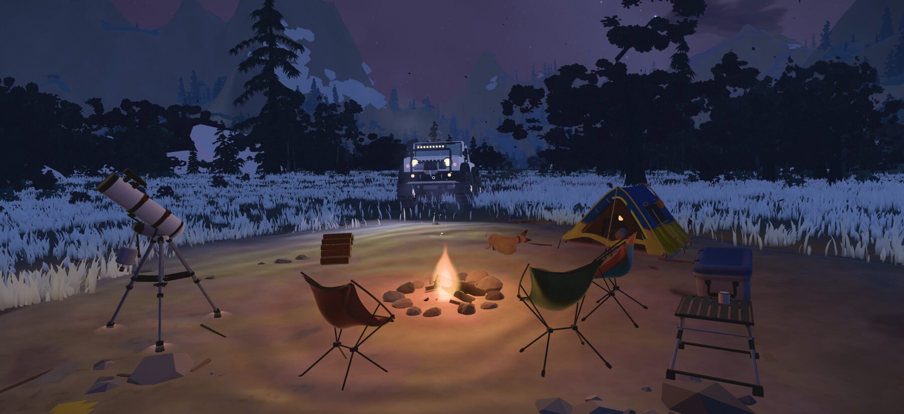 A camp at night with a fire, tent, telescope and the camper headlights behind
