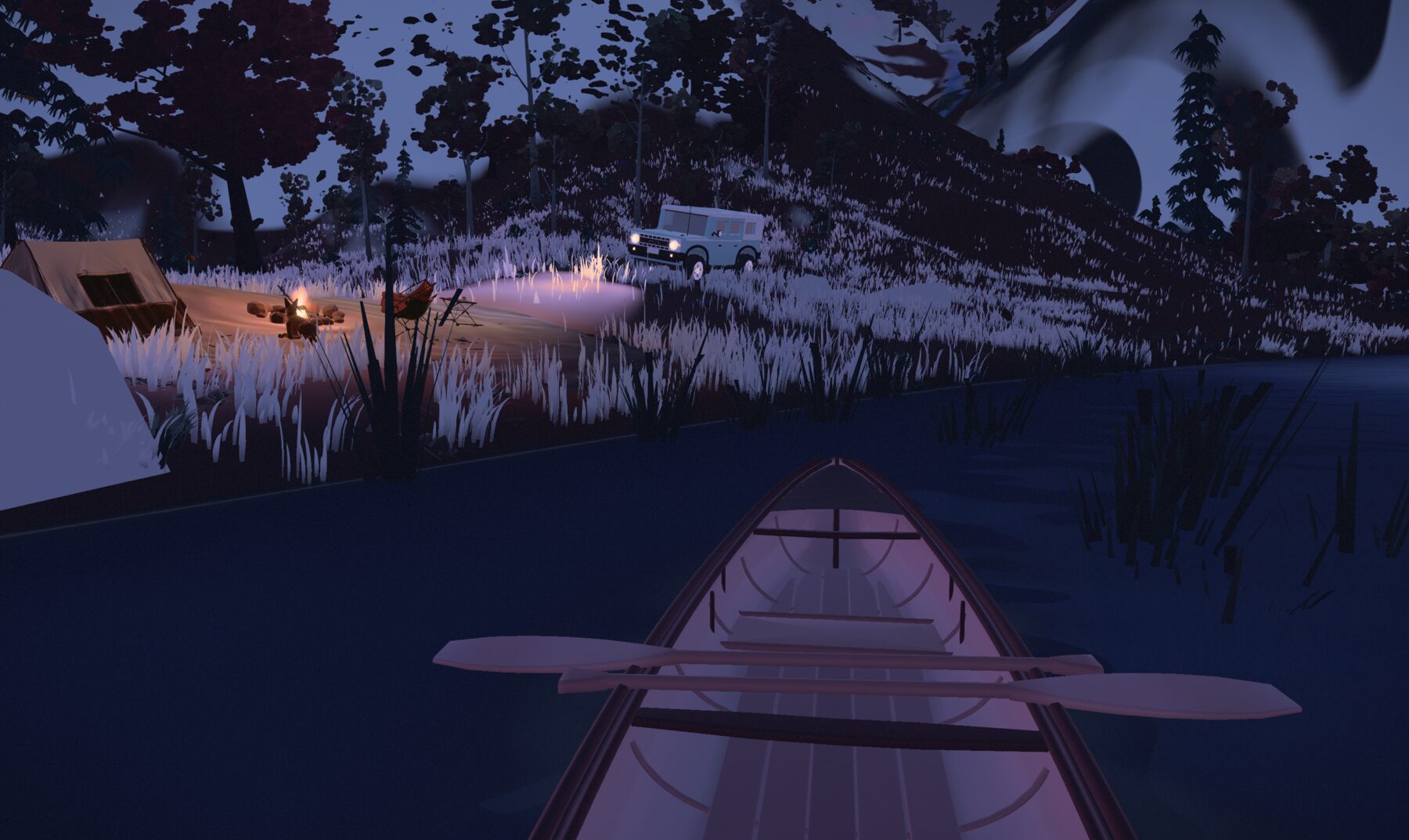 Paddling a canoe back toward a lit camp at night