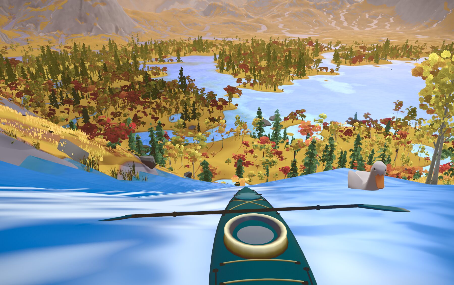 A duck on the water beside a kayak, with a wide autumn lake basin beyond