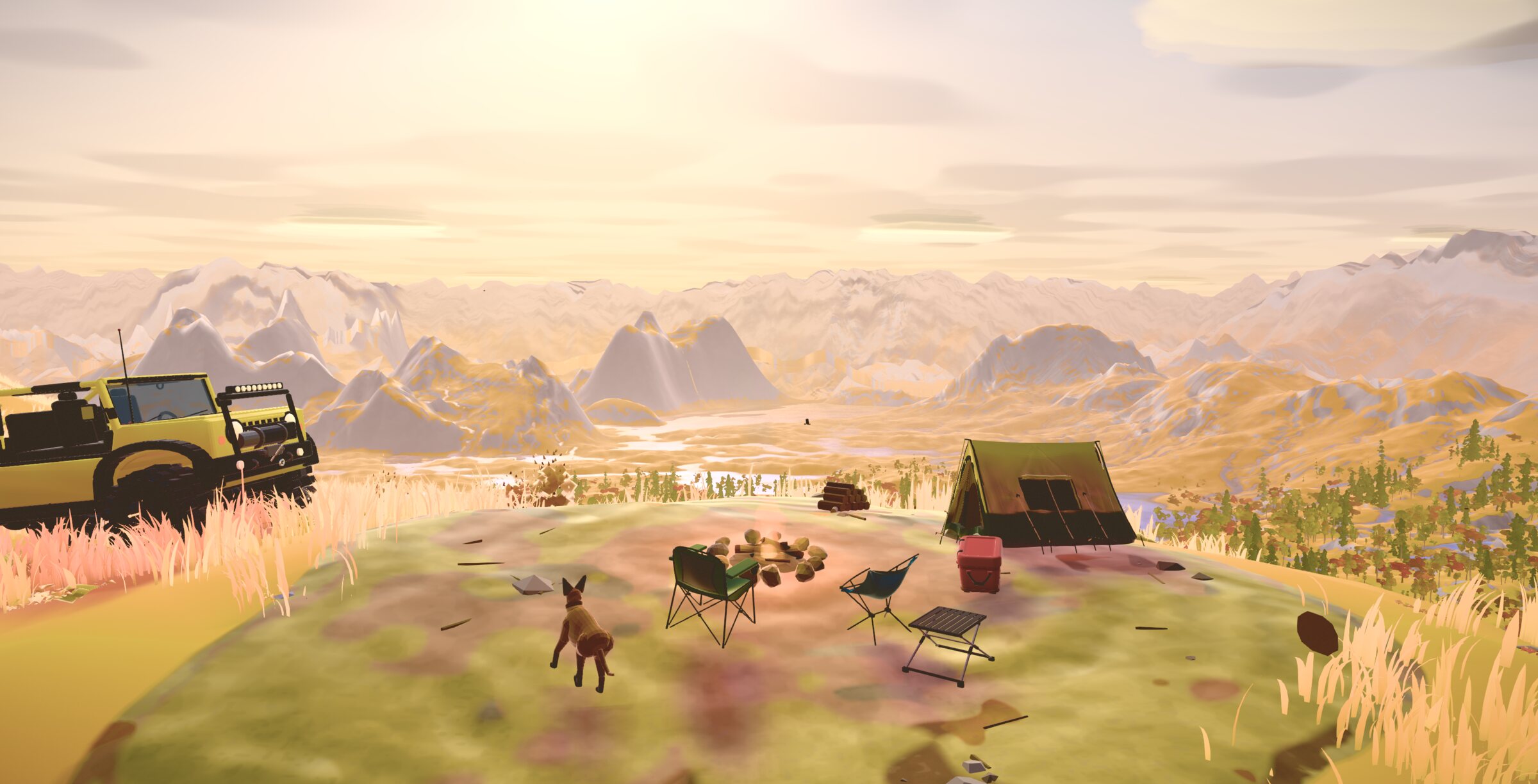 A camp on a ridge overlooking a wide autumn valley