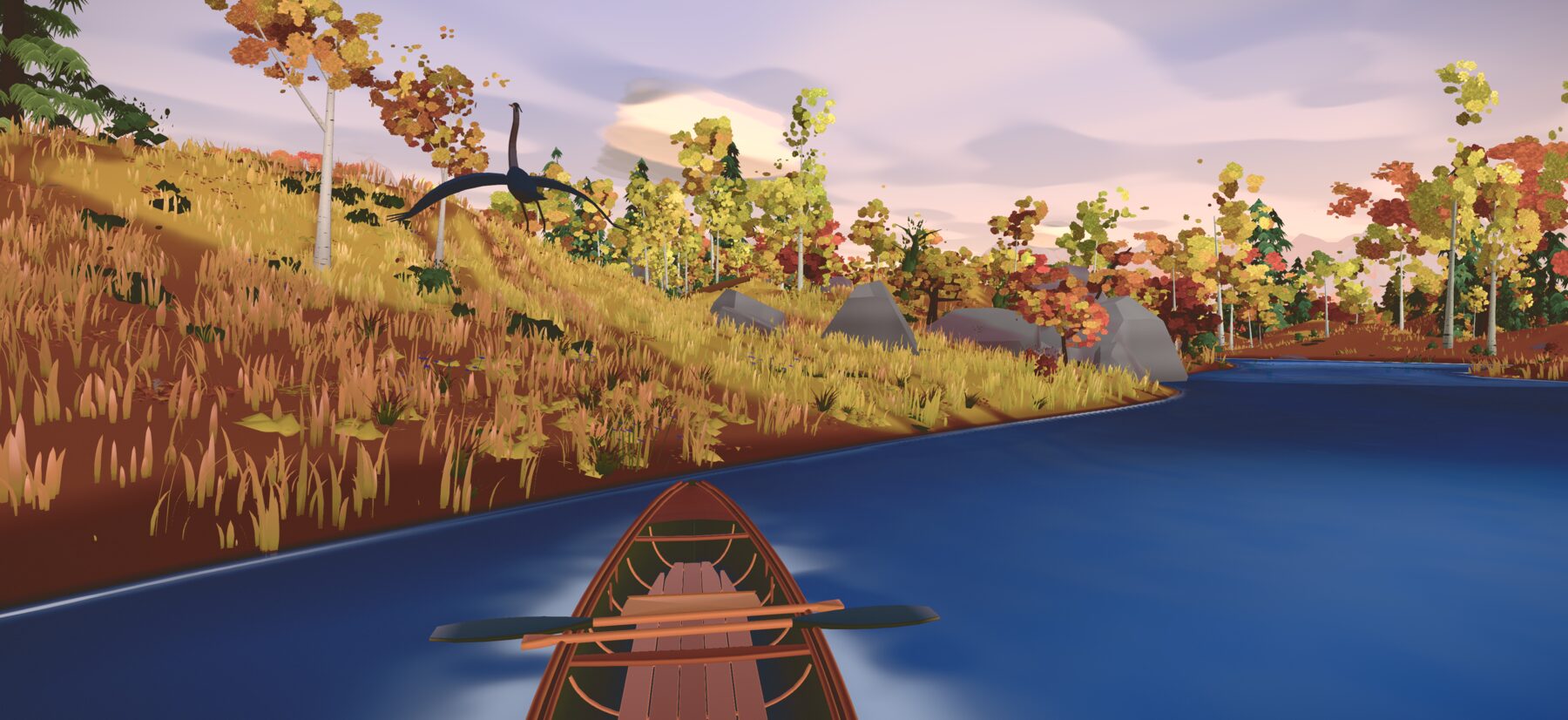 A heron taking flight over a river seen from a canoe