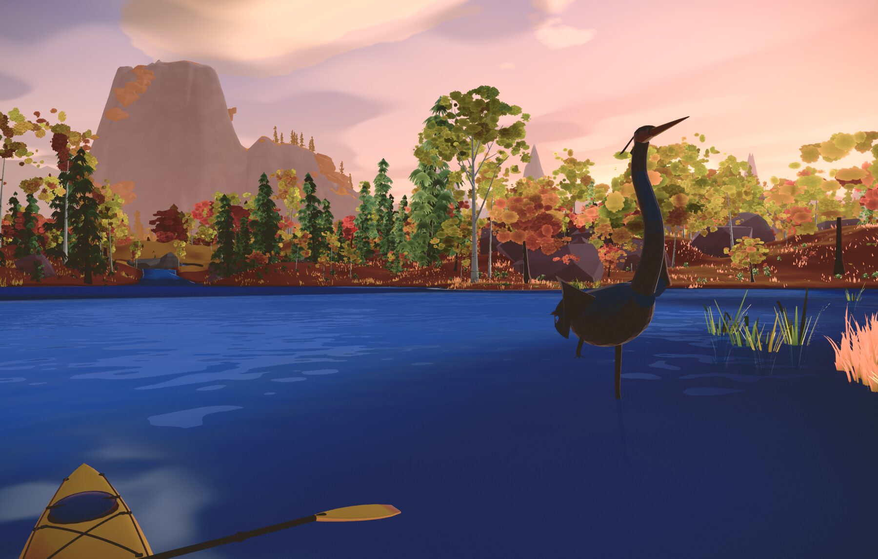 A great blue heron standing in shallow water at sunset