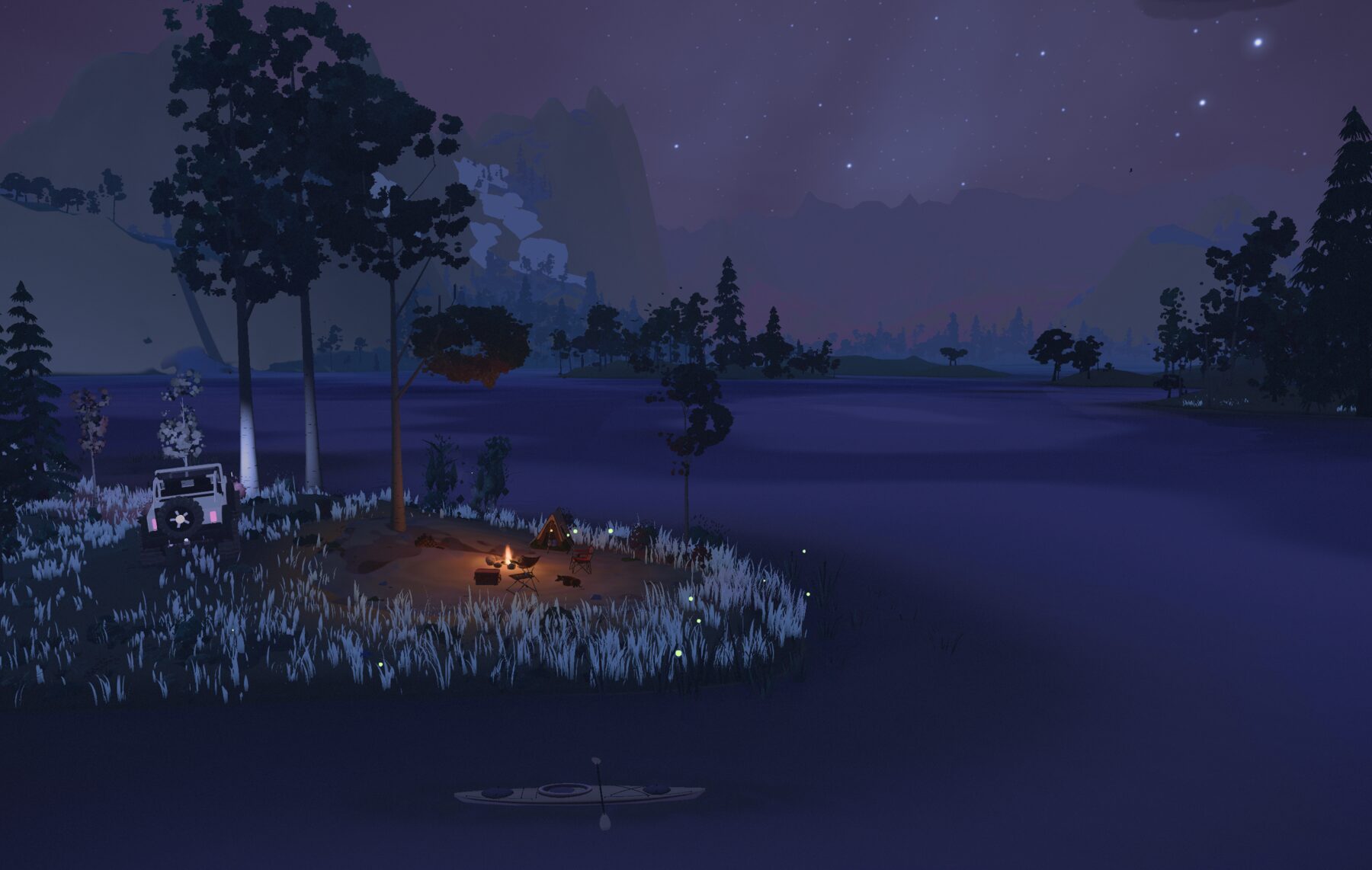 A camp on a small island at night, fireflies in the grass, a kayak on the water