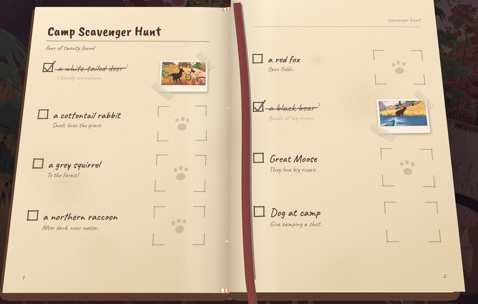 The in-game paper journal, open to the scavenger hunt checklist with photographs taped in
