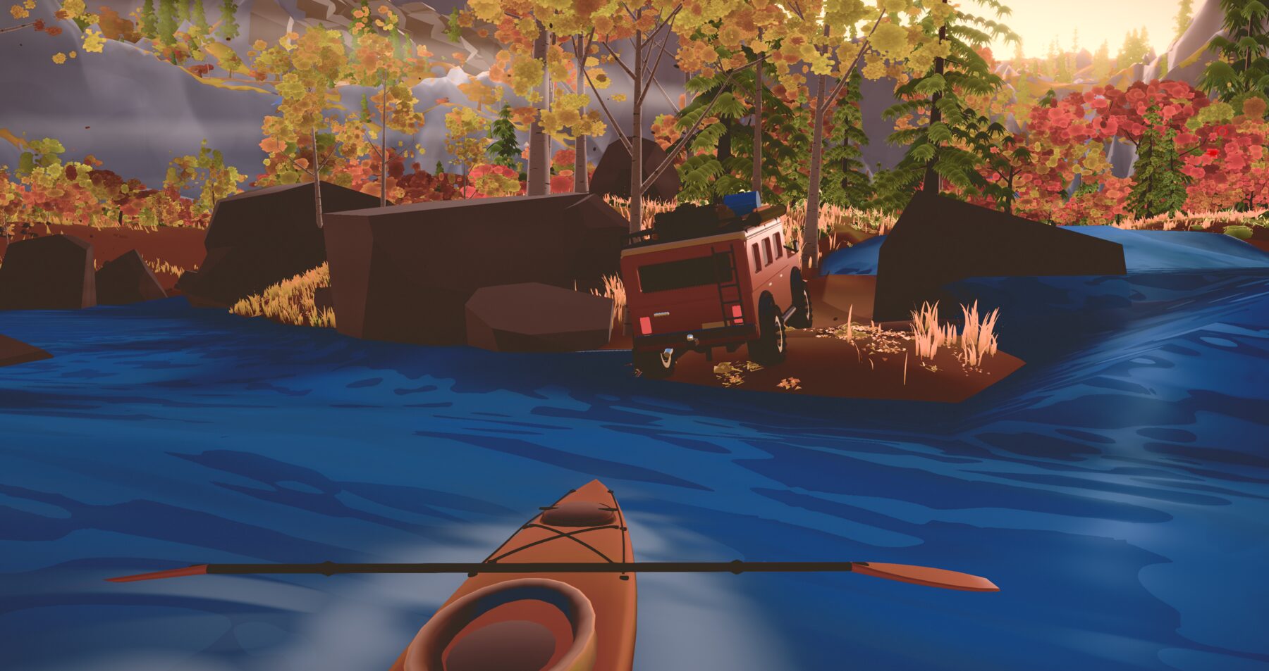 Kayaking a blue river past a red camper parked on the bank