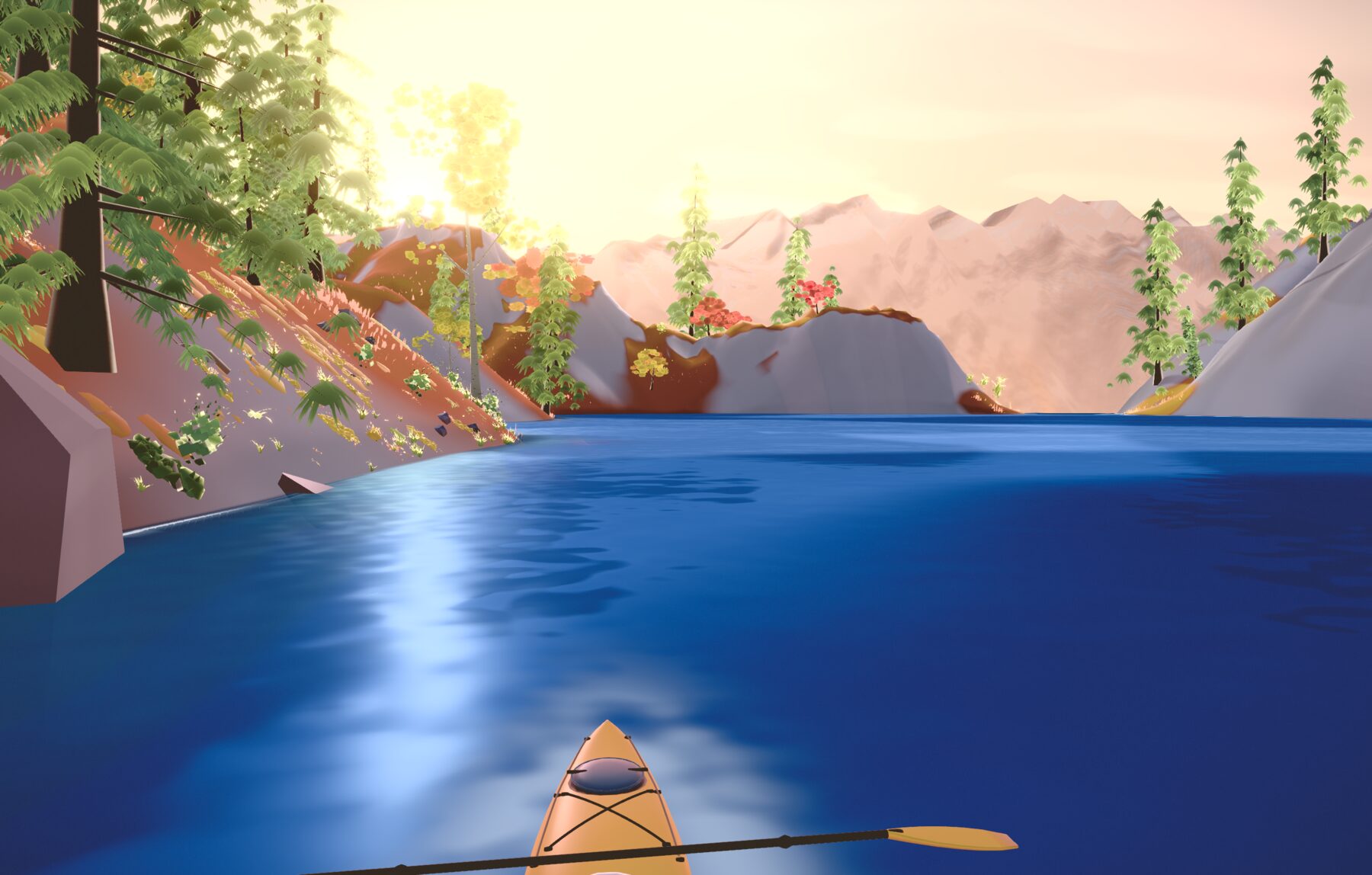 Paddling a kayak into the sun on a still mountain lake