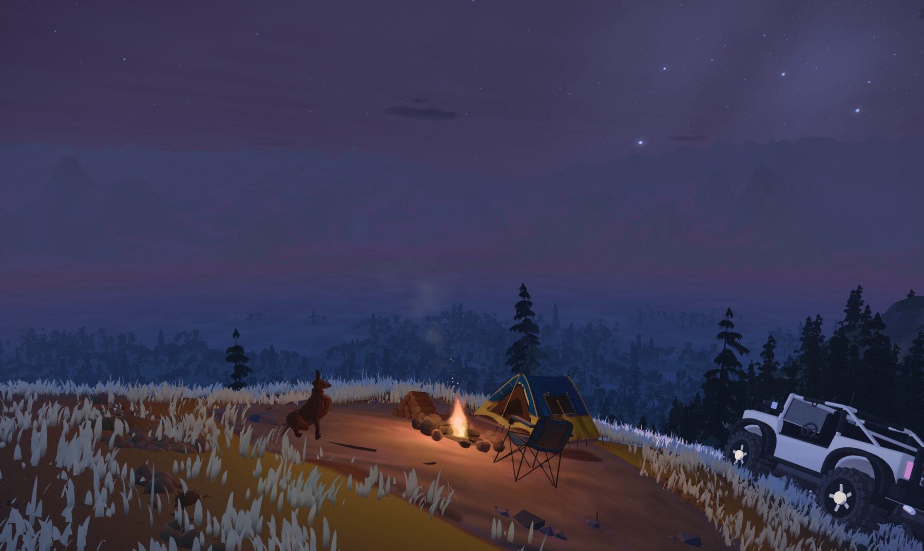 A night camp on a cliff edge under stars with a deer standing nearby