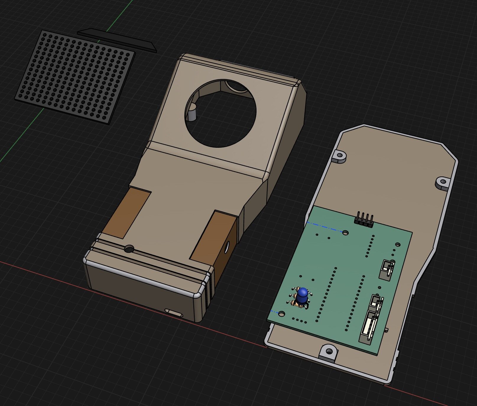CAD view of the case opened up, with the PCB mounted in the bottom shell