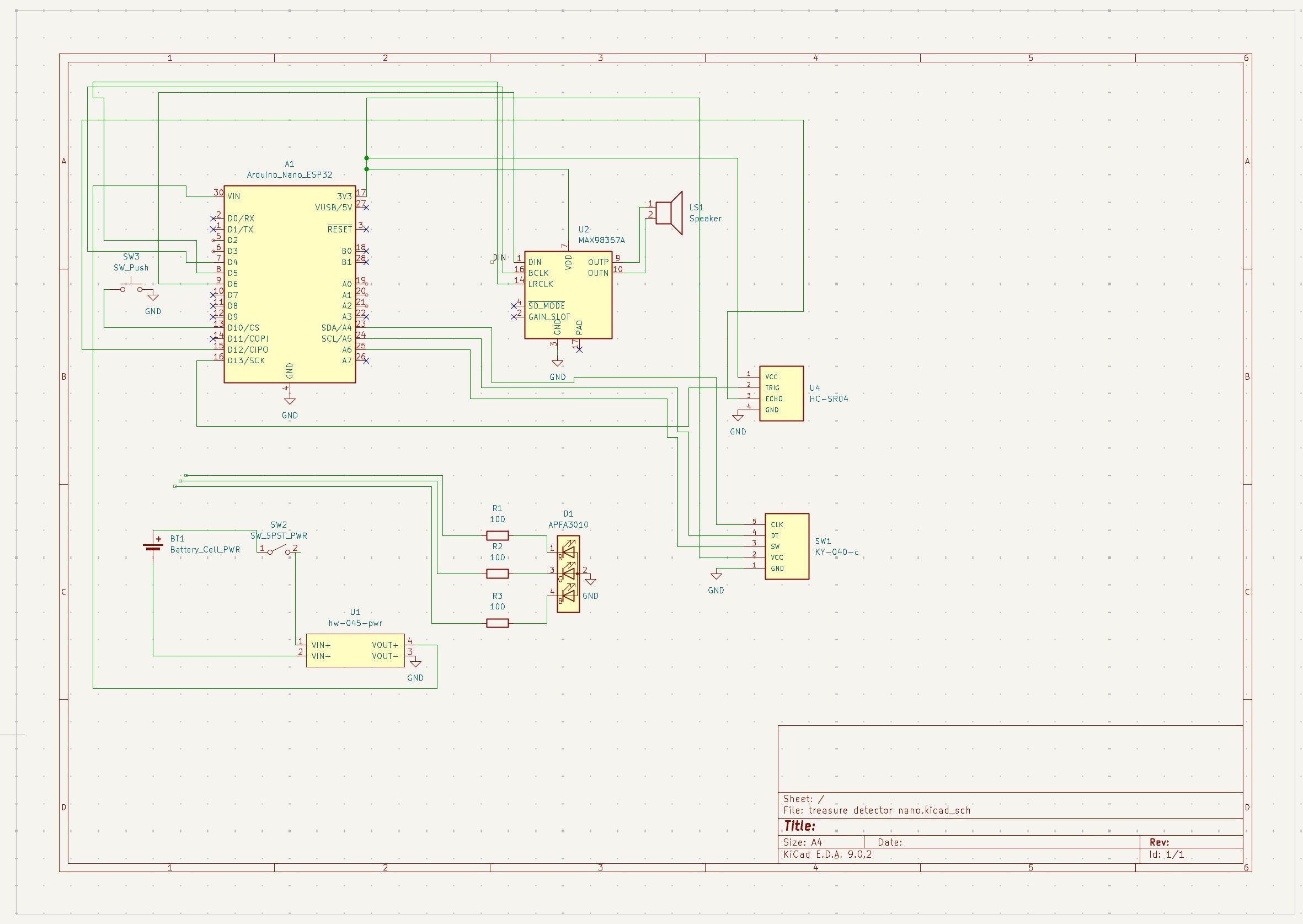 KiCad schematic connecting the Nano ESP32 to the amp, speaker, ultrasonic sensor, encoder, RGB LED, buttons and boost converter