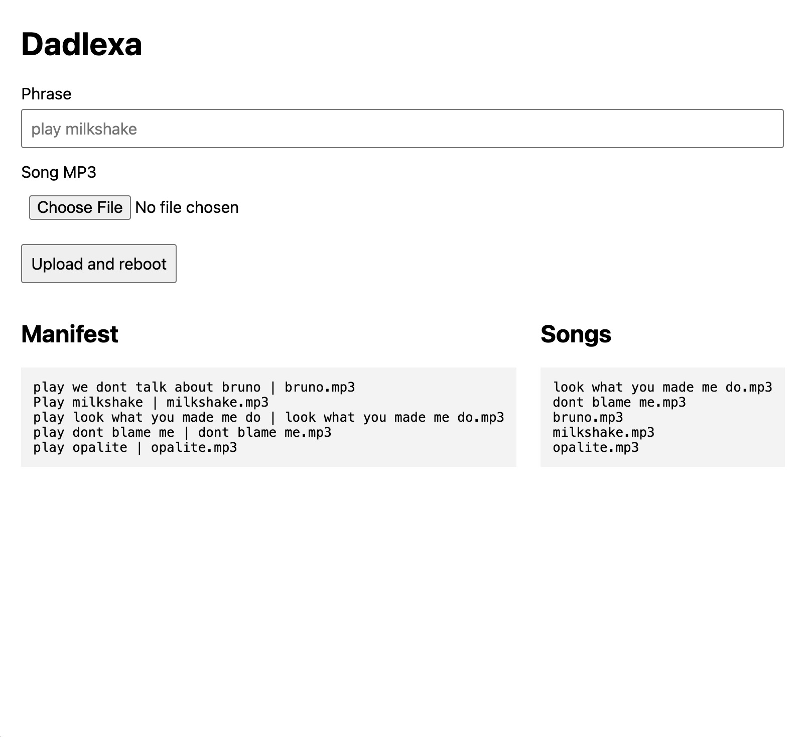 Dadlexa local web interface for uploading songs