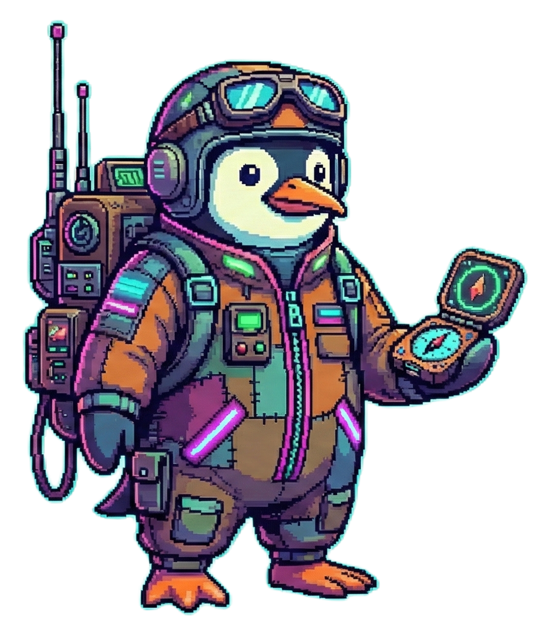 Steve the penguin mascot with compass and gear