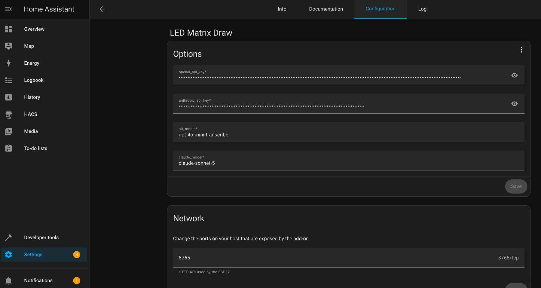 Home Assistant add-on configuration with masked API keys, gpt-4o-mini-transcribe, claude-sonnet-5 and port 8765
