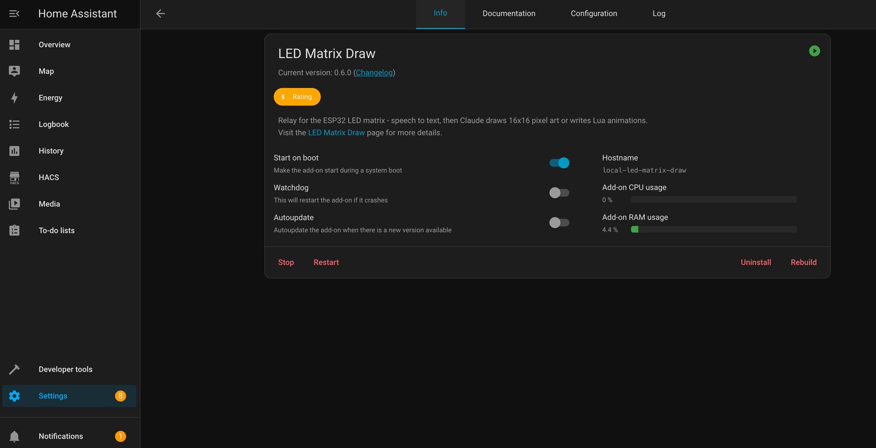 Home Assistant add-on info page for LED Matrix Draw, version 0.6.0, set to start on boot