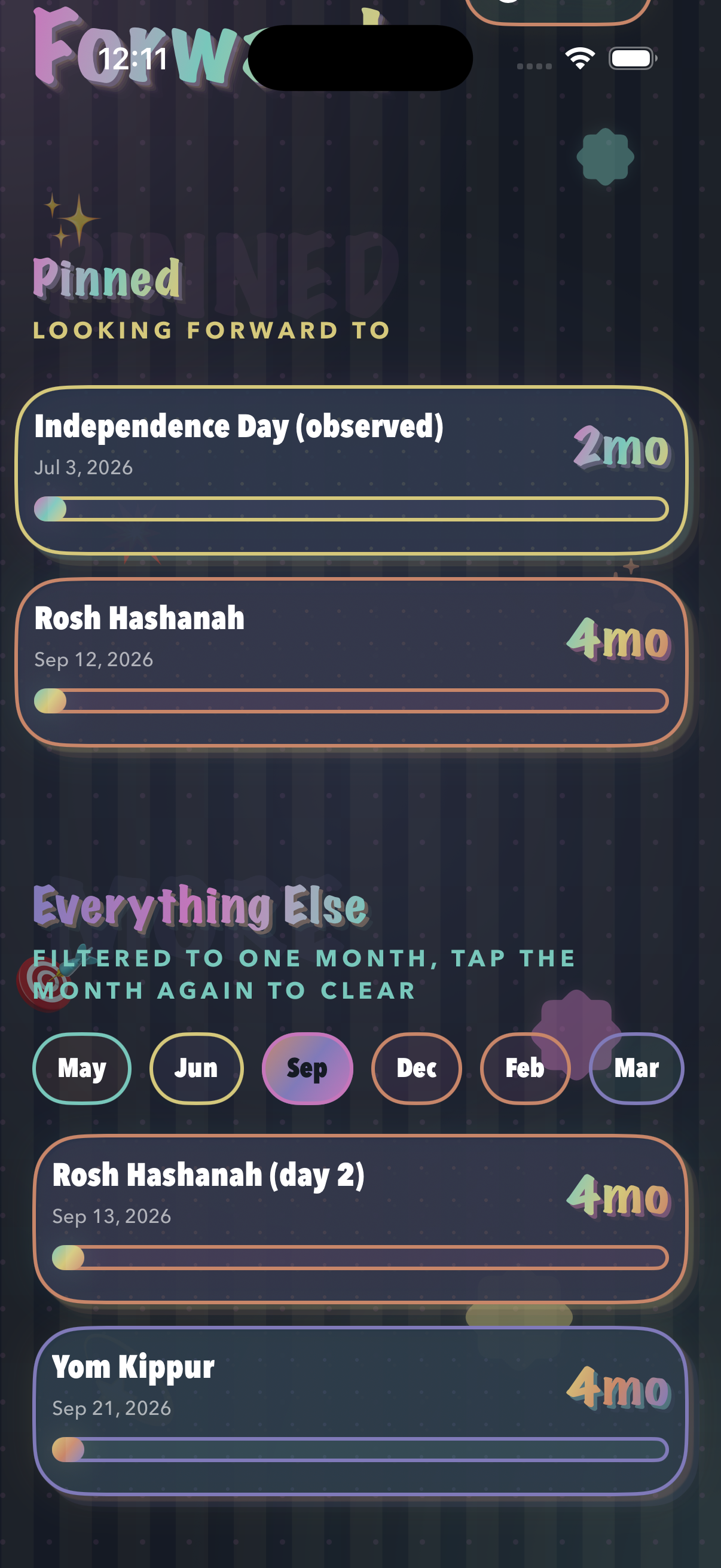Looking Forward filtered calendar countdown list