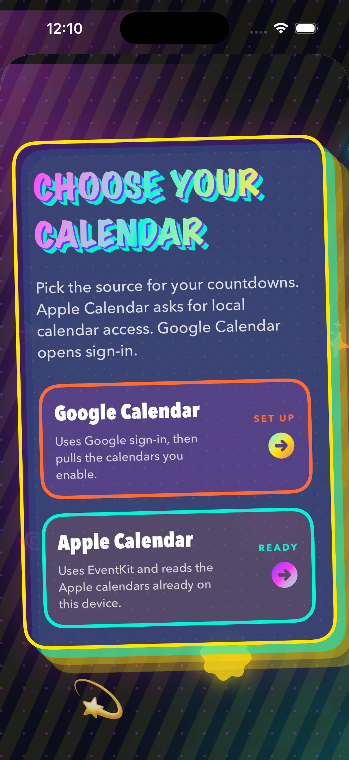 Looking Forward setup screen for choosing Apple Calendar or Google Calendar