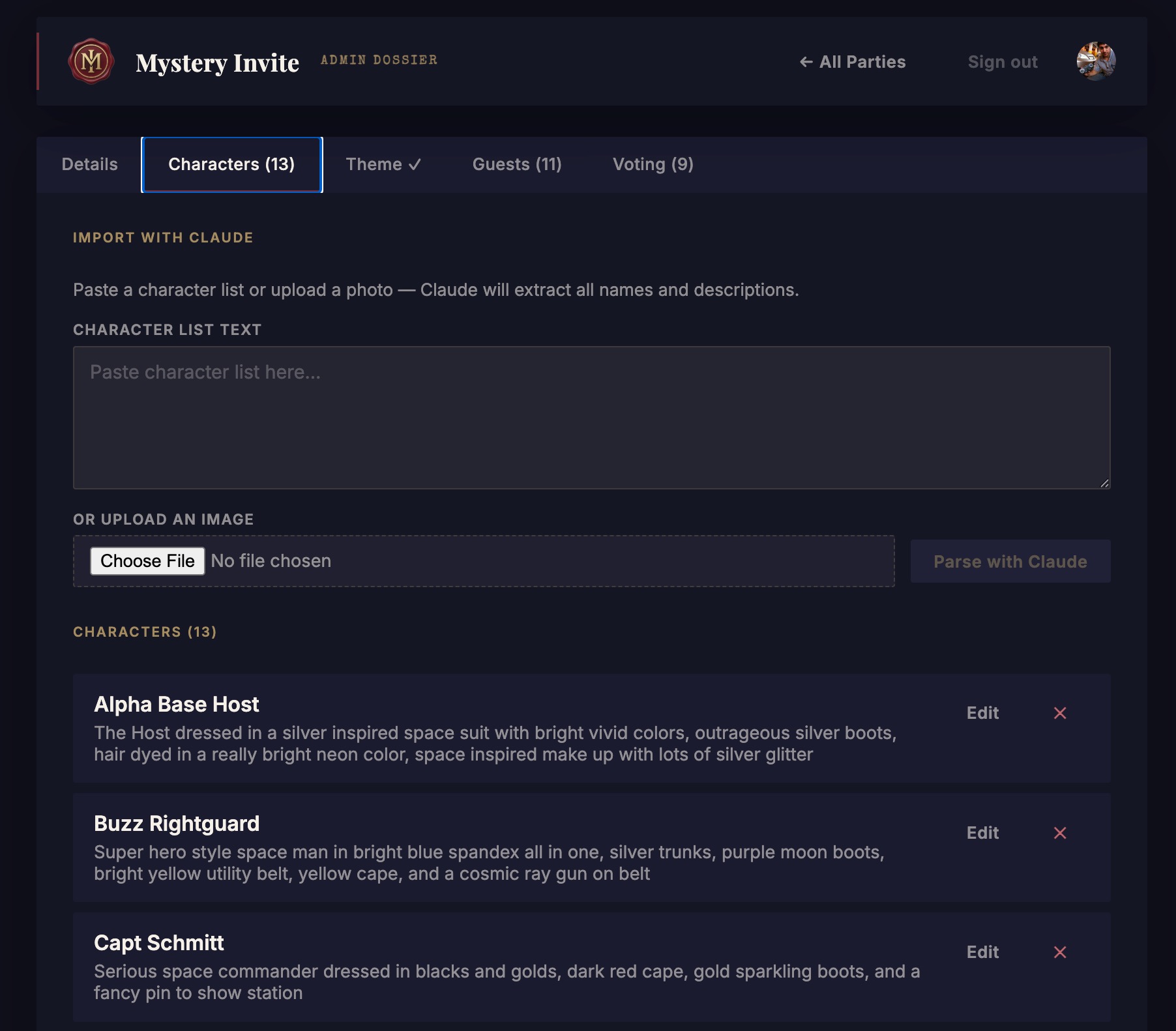 Admin panel for guest and character management