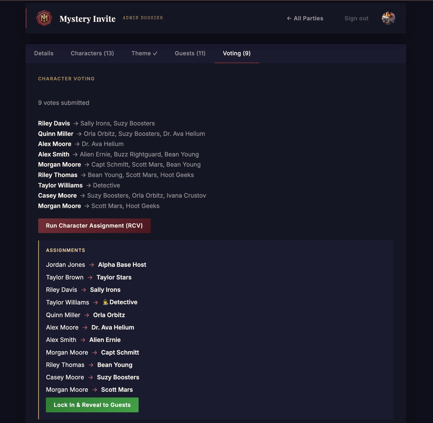 Live voting screen for suspects