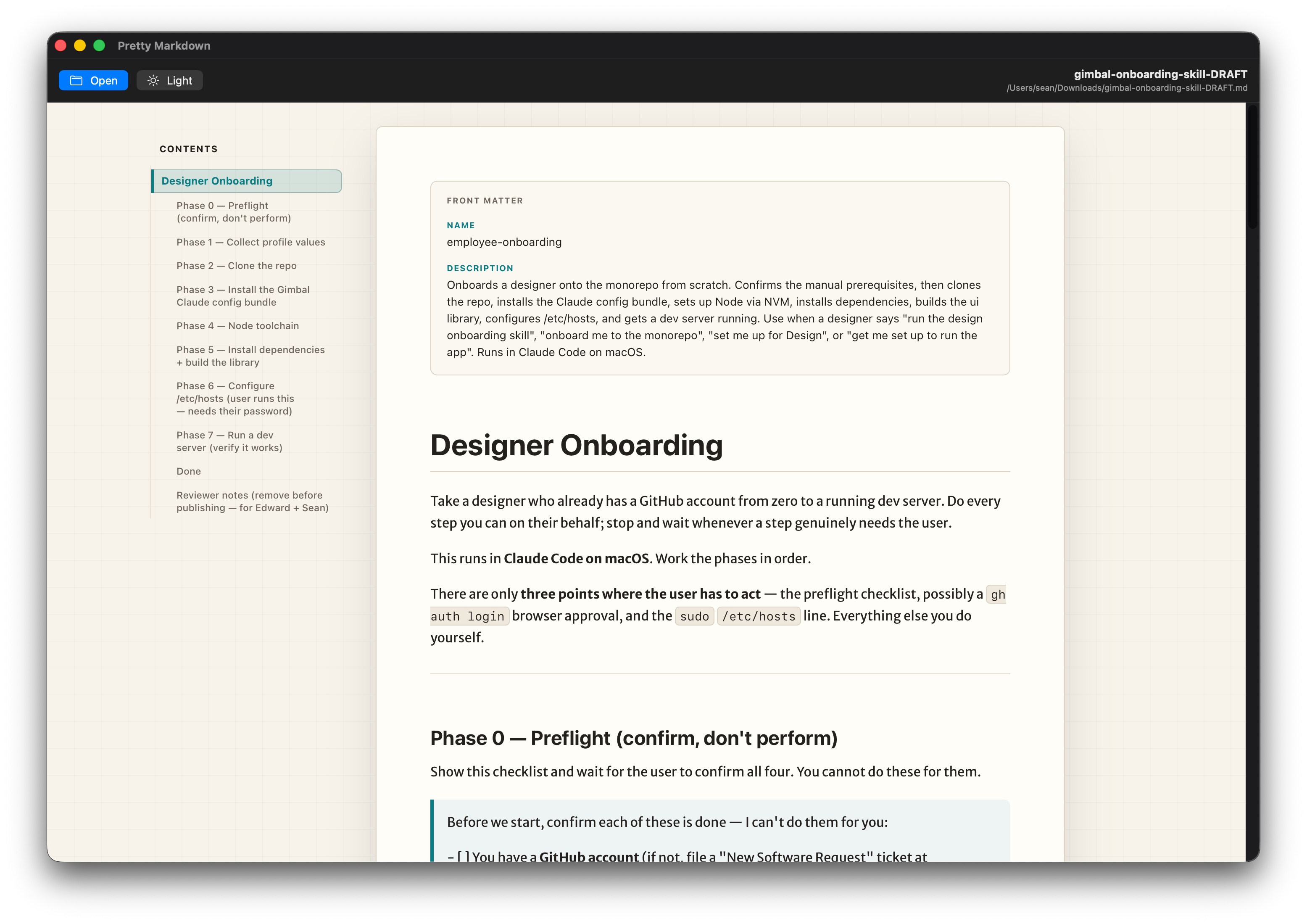 YAML front matter rendered as a metadata card above the document
