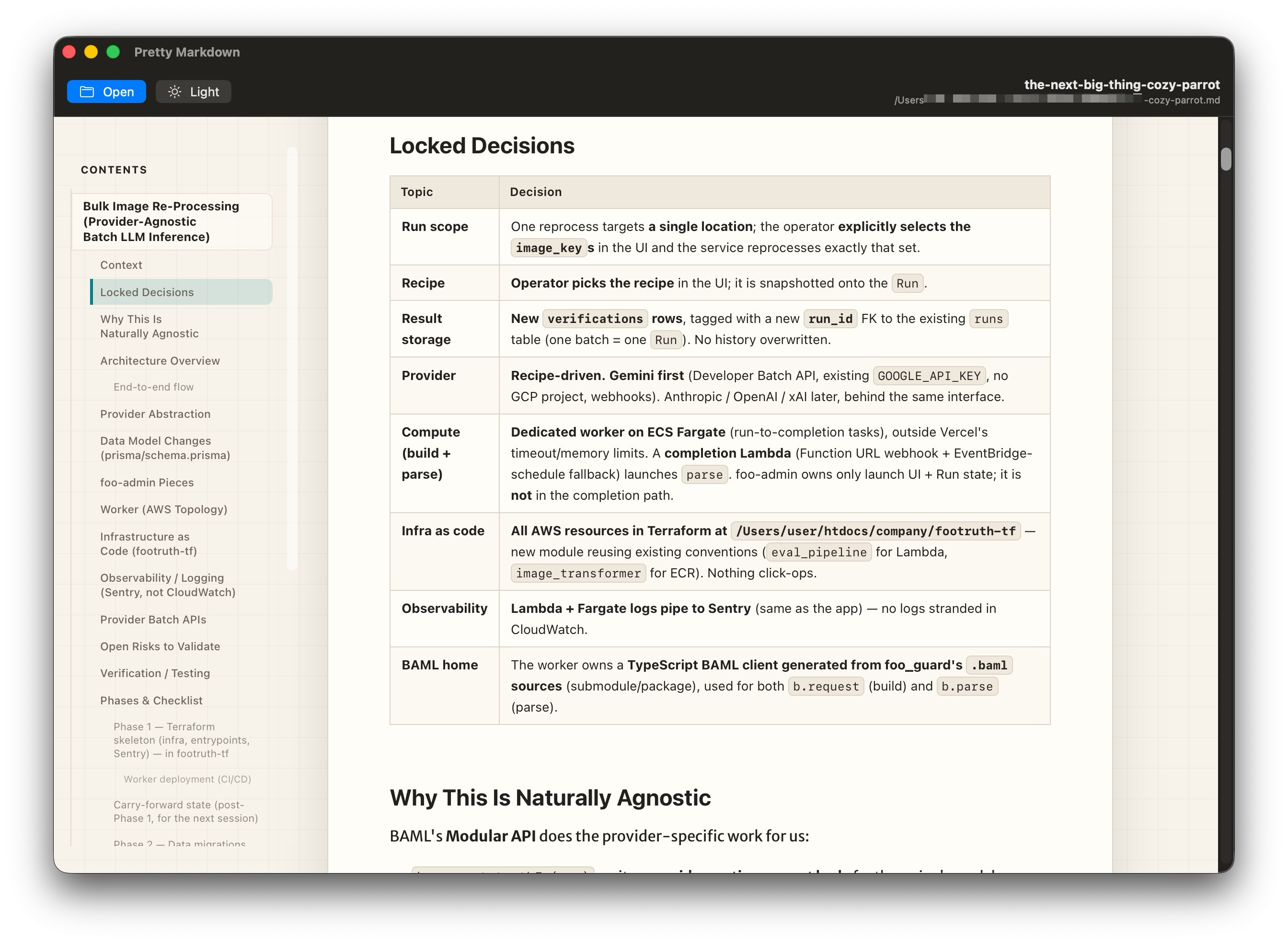 A cleanly styled Markdown table of locked decisions