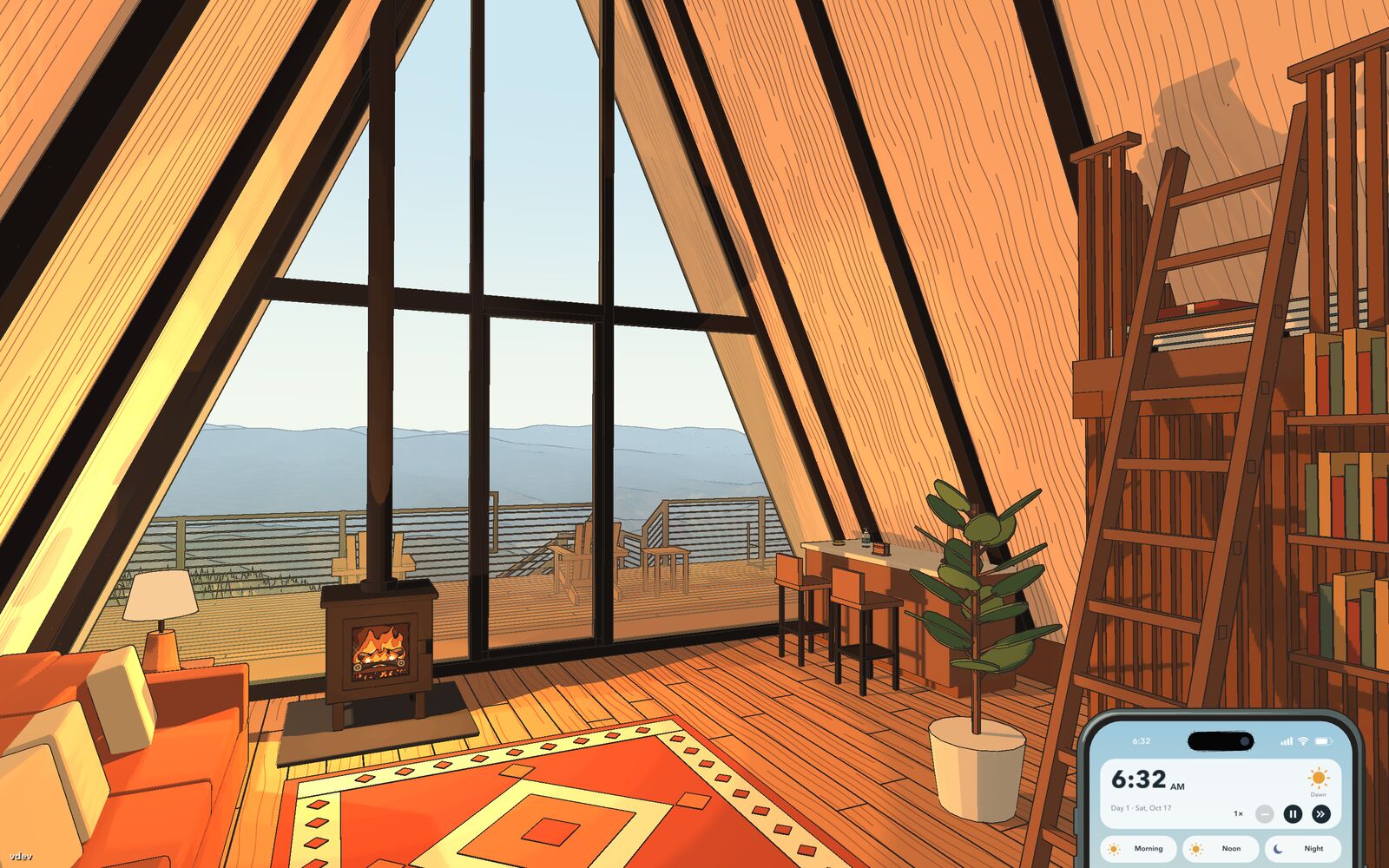 Inside the A-frame: a wood stove under the tall glass gable, a red rug and a ladder to the loft