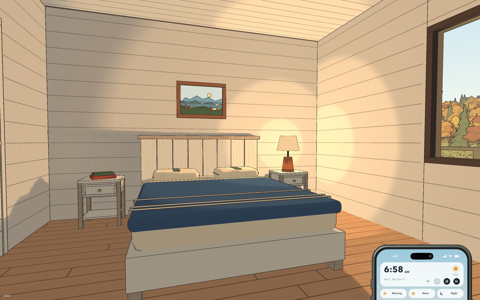 The beach house bedroom: white board walls, a navy bedspread and a landscape painting