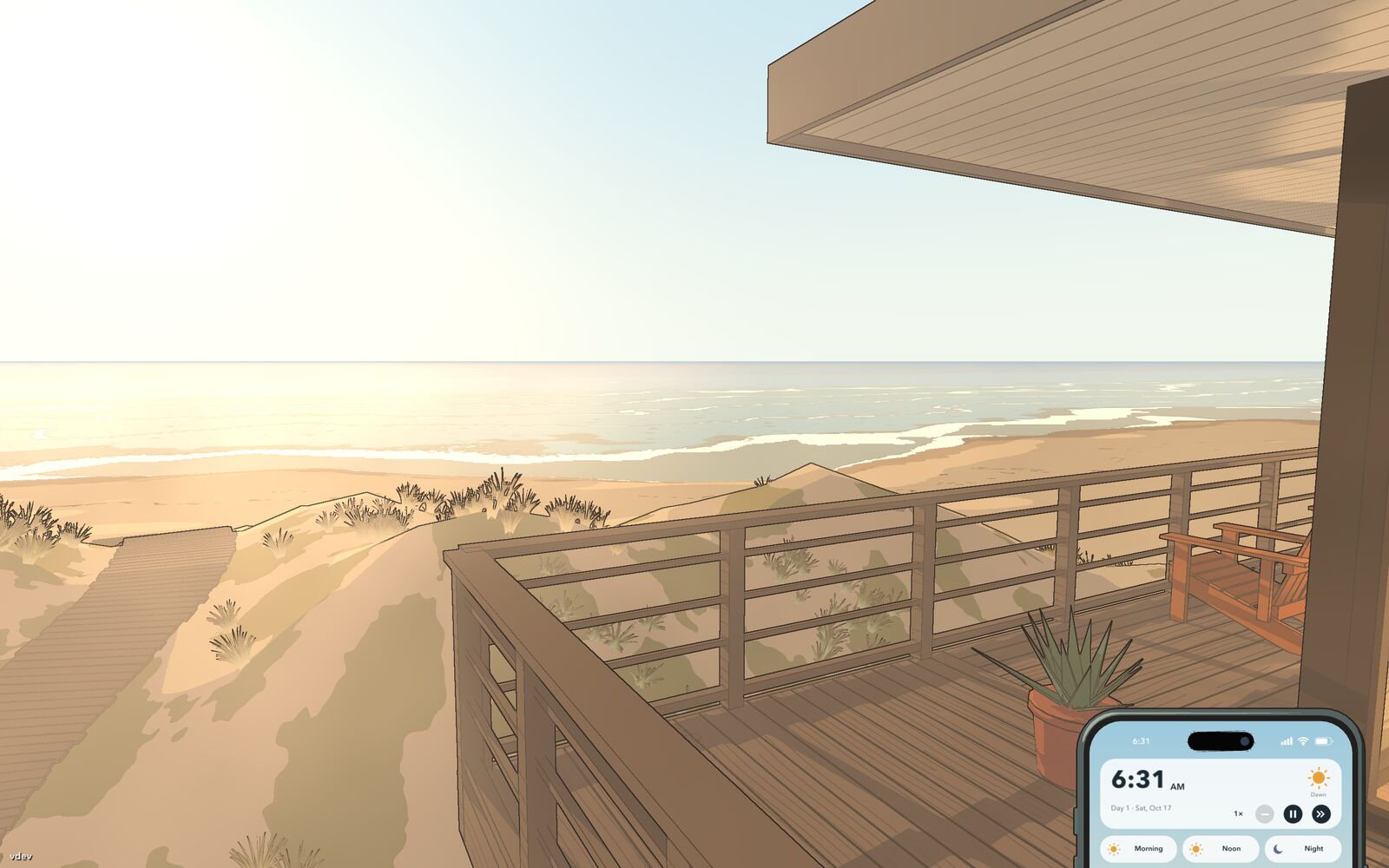 Looking out from the beach house deck over the dunes to the sea at sunrise