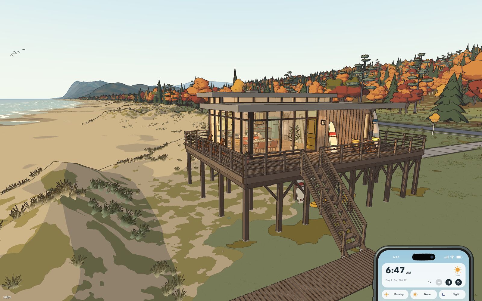 A beach house on stilts with a glass corner and a wraparound deck, the beach and a headland behind it