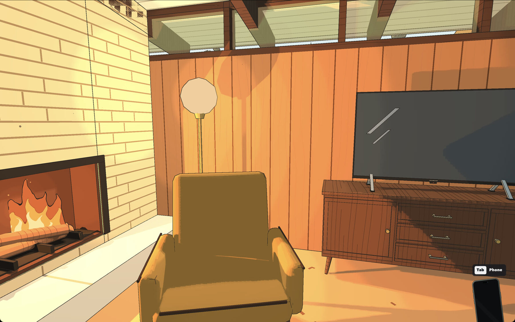The mid-century fireplace, a mustard armchair and a TV on a wooden console
