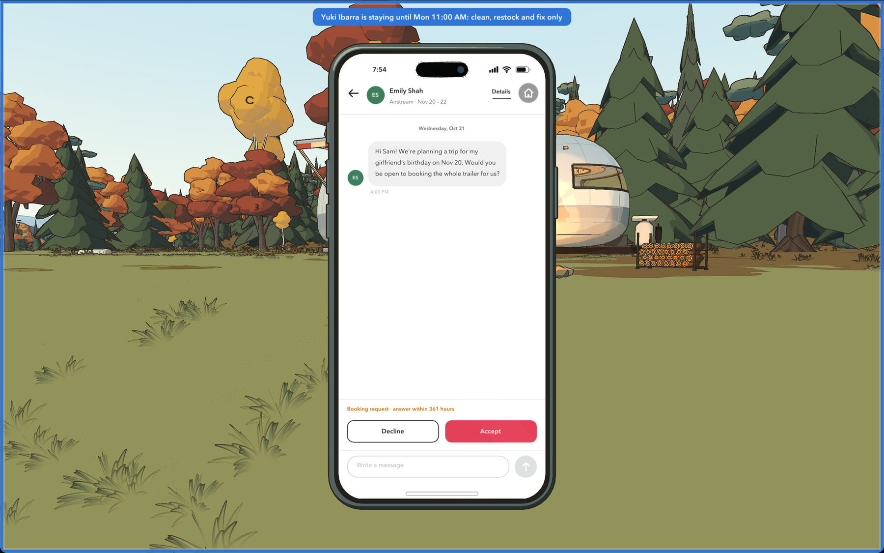The in-game phone open to a booking request from a guest planning a birthday trip, with Accept and Decline buttons