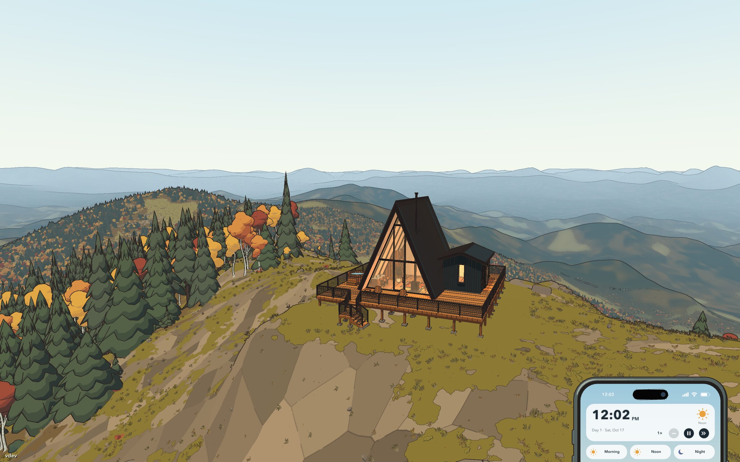 An A-frame cabin on the summit of Blood Mountain, autumn forest below and hazy blue ridges to the horizon