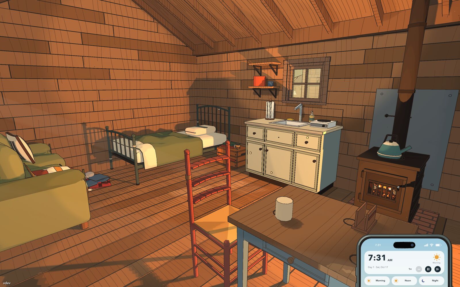Inside the shack: a metal bed, a kitchen cabinet, a wood stove with a kettle and a ladder-back chair