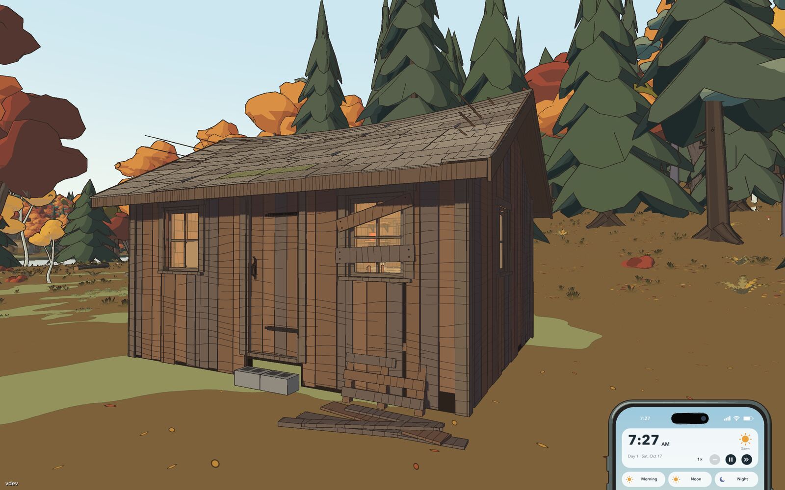 A weathered board shack with a sagging roof and a boarded-up window in the woods