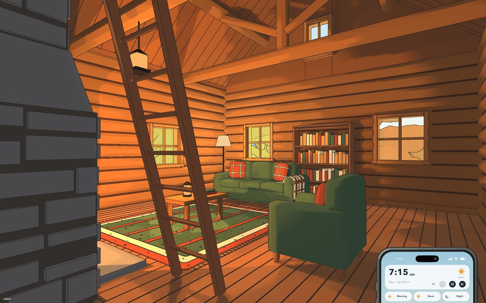 Another angle on the log cabin living room, with a bookshelf, a sofa and the loft ladder