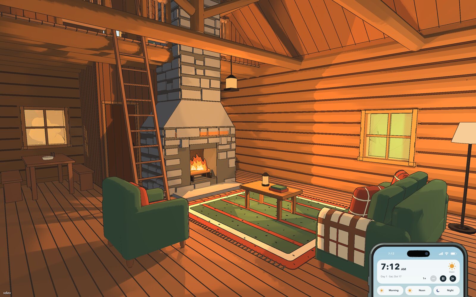 The log cabin living room: a stone fireplace with a fire going, green armchairs and a loft ladder