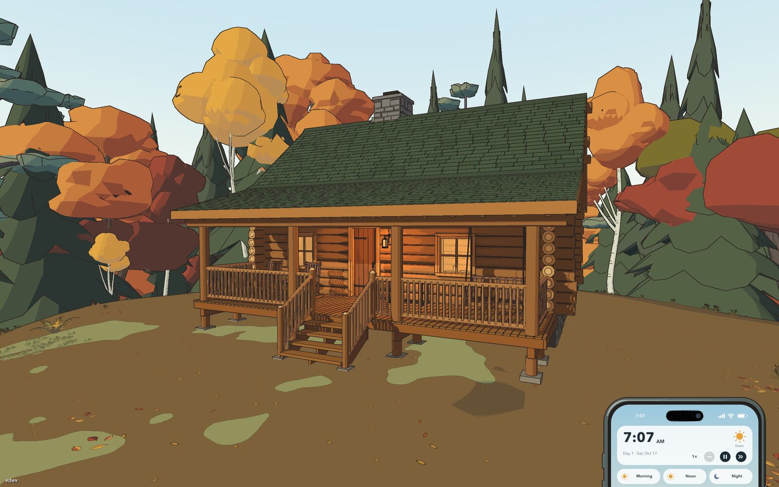 A log cabin with a green shingle roof and a wraparound porch in the autumn woods