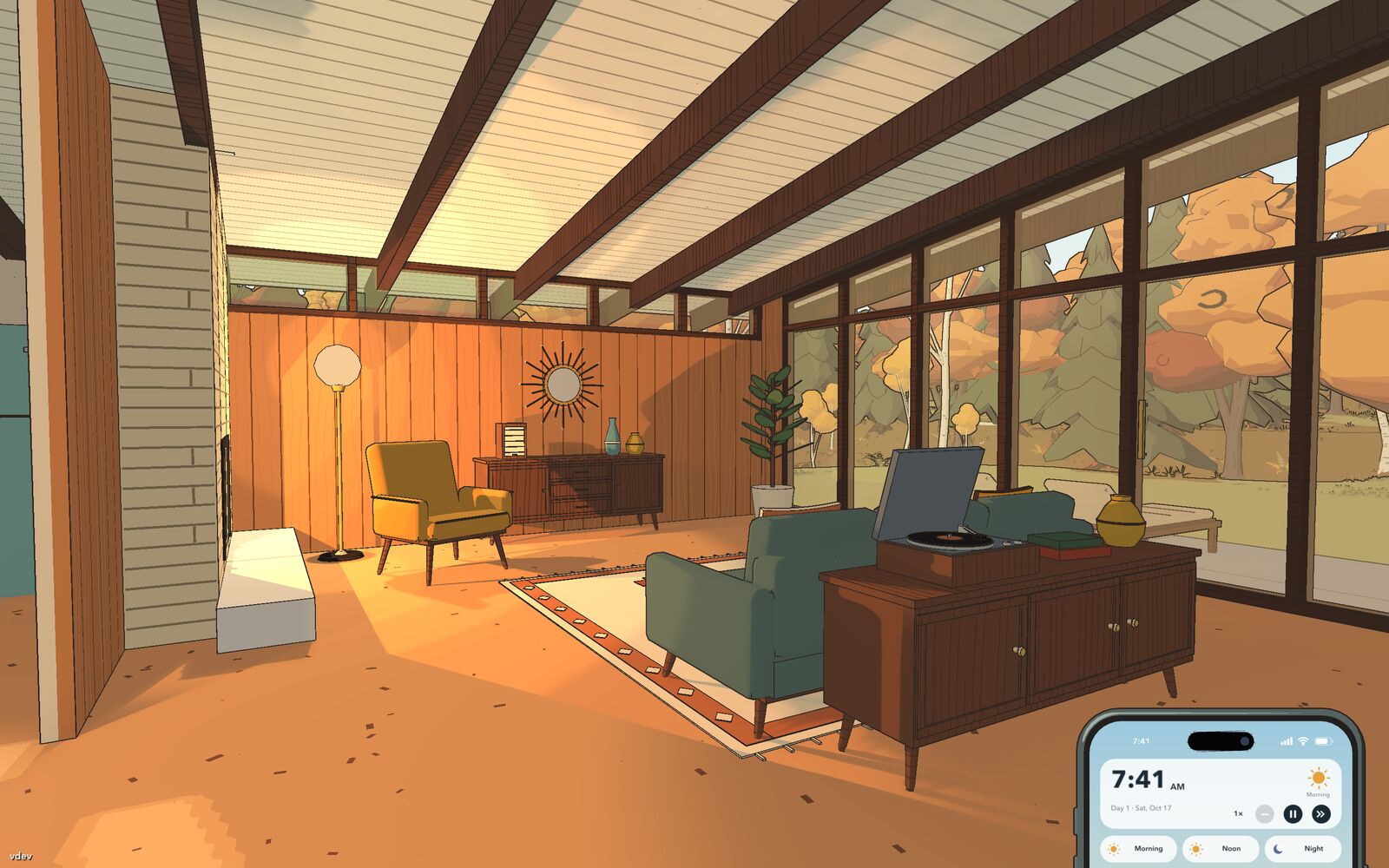 The mid-century living room: wood paneling, a wall of windows, a teal sofa and a record player