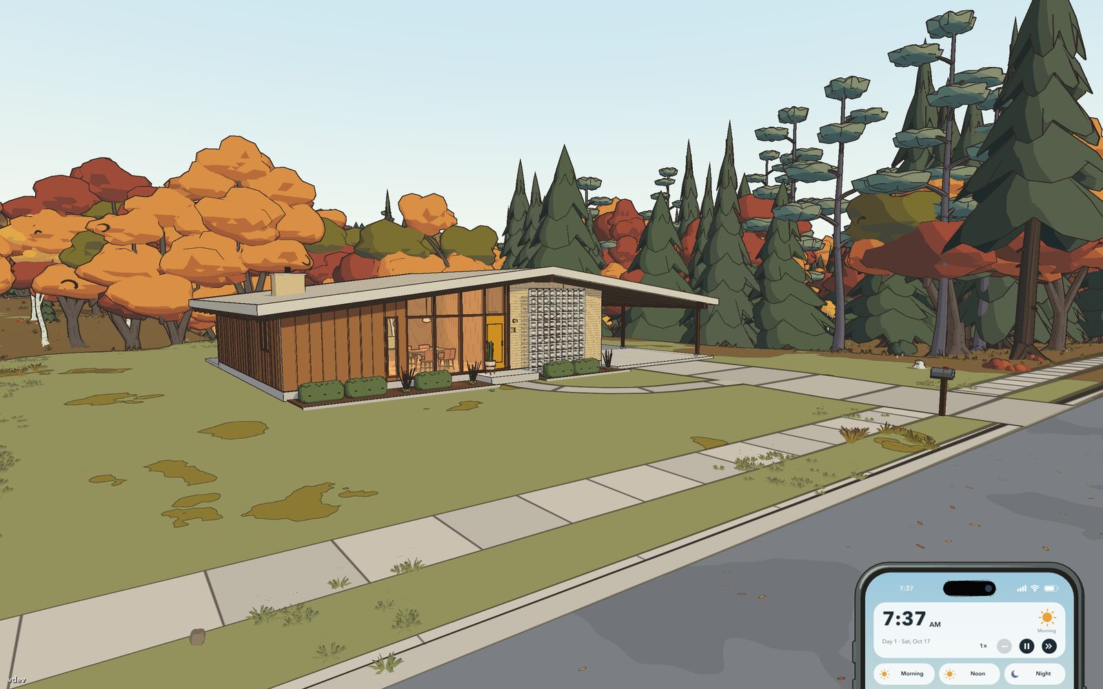 A low mid-century house with a long flat roof and a glass block wall, set back from a street
