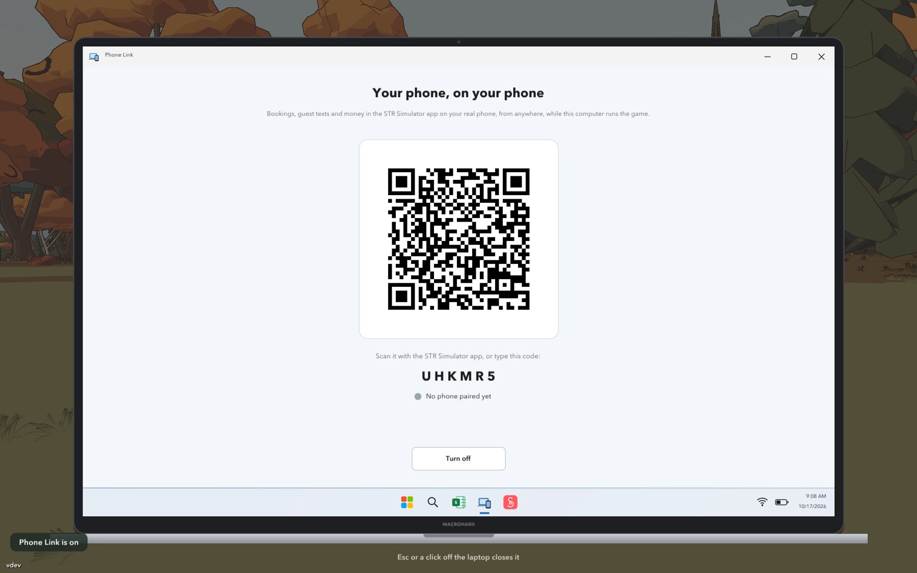 The in-game laptop open to Phone Link, showing a QR code and a six-letter pairing code for the companion app