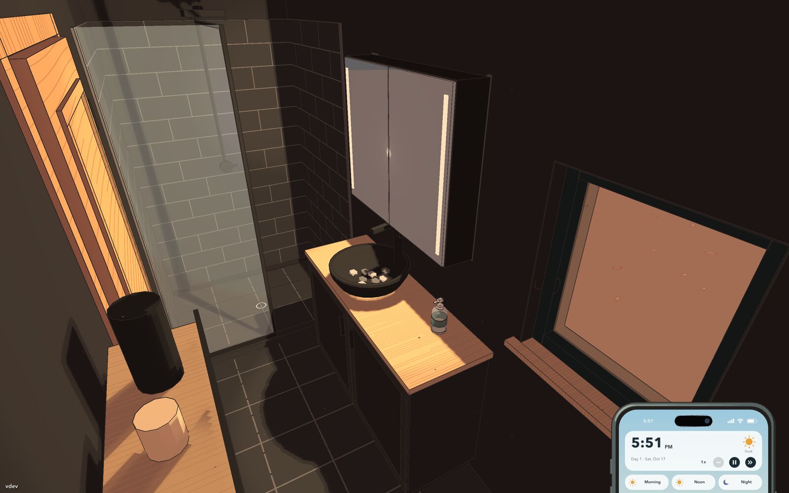 The tiny house bathroom: dark tile, a glass shower and a vessel sink