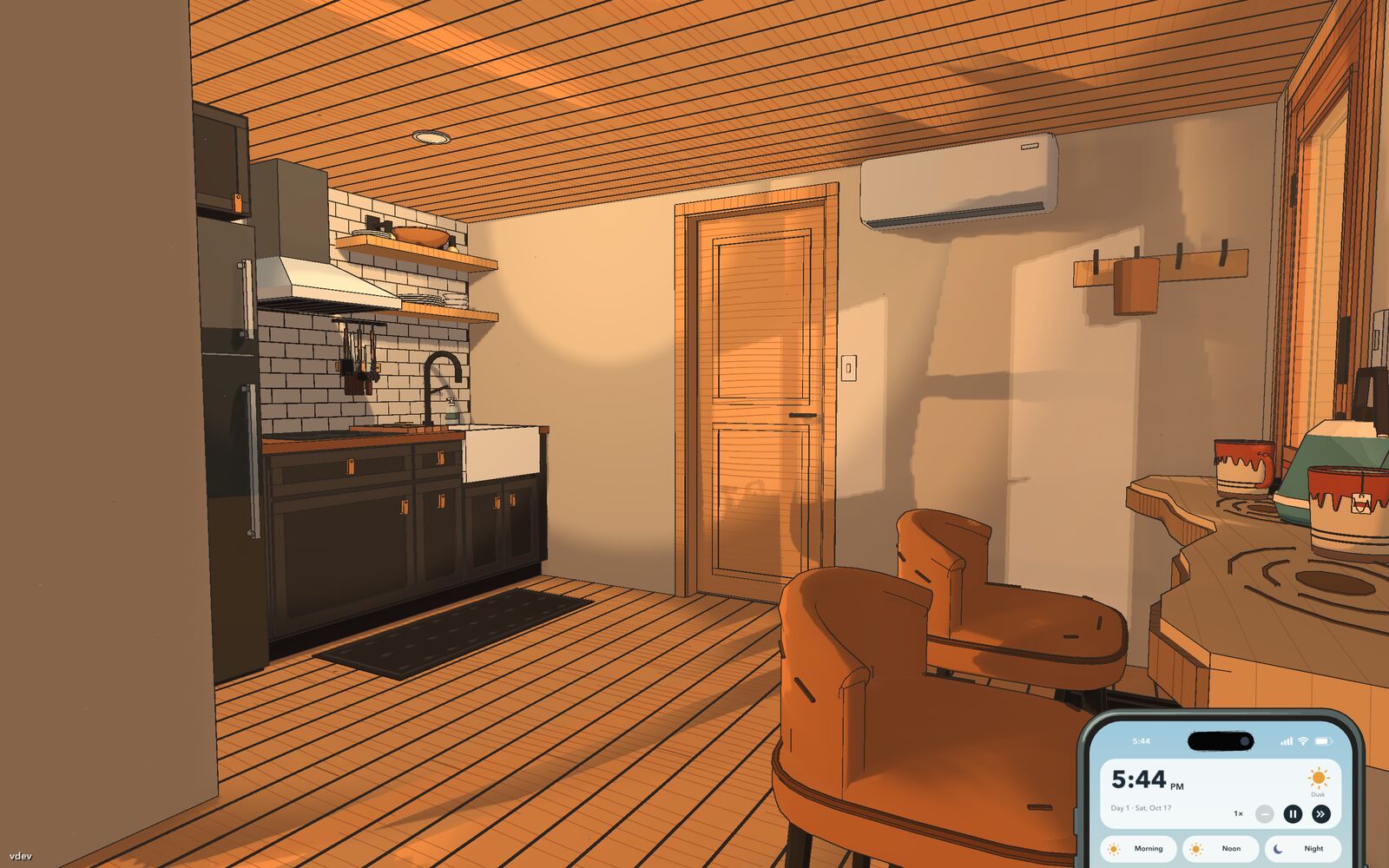 The tiny house kitchen with subway tile, open shelves and a door to the bathroom