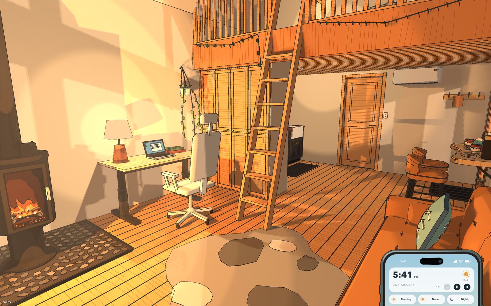 Inside the tiny house: a wood stove, a desk with a laptop and a ladder to the loft