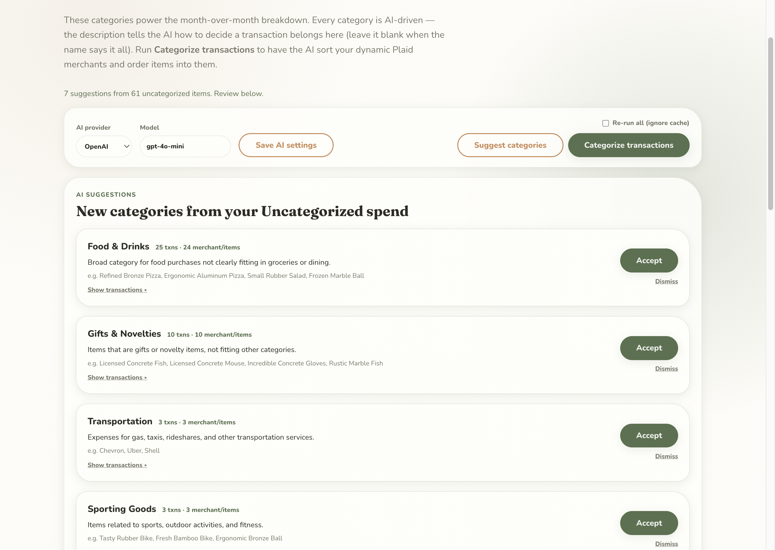 AI suggesting new spending categories from uncategorized transactions