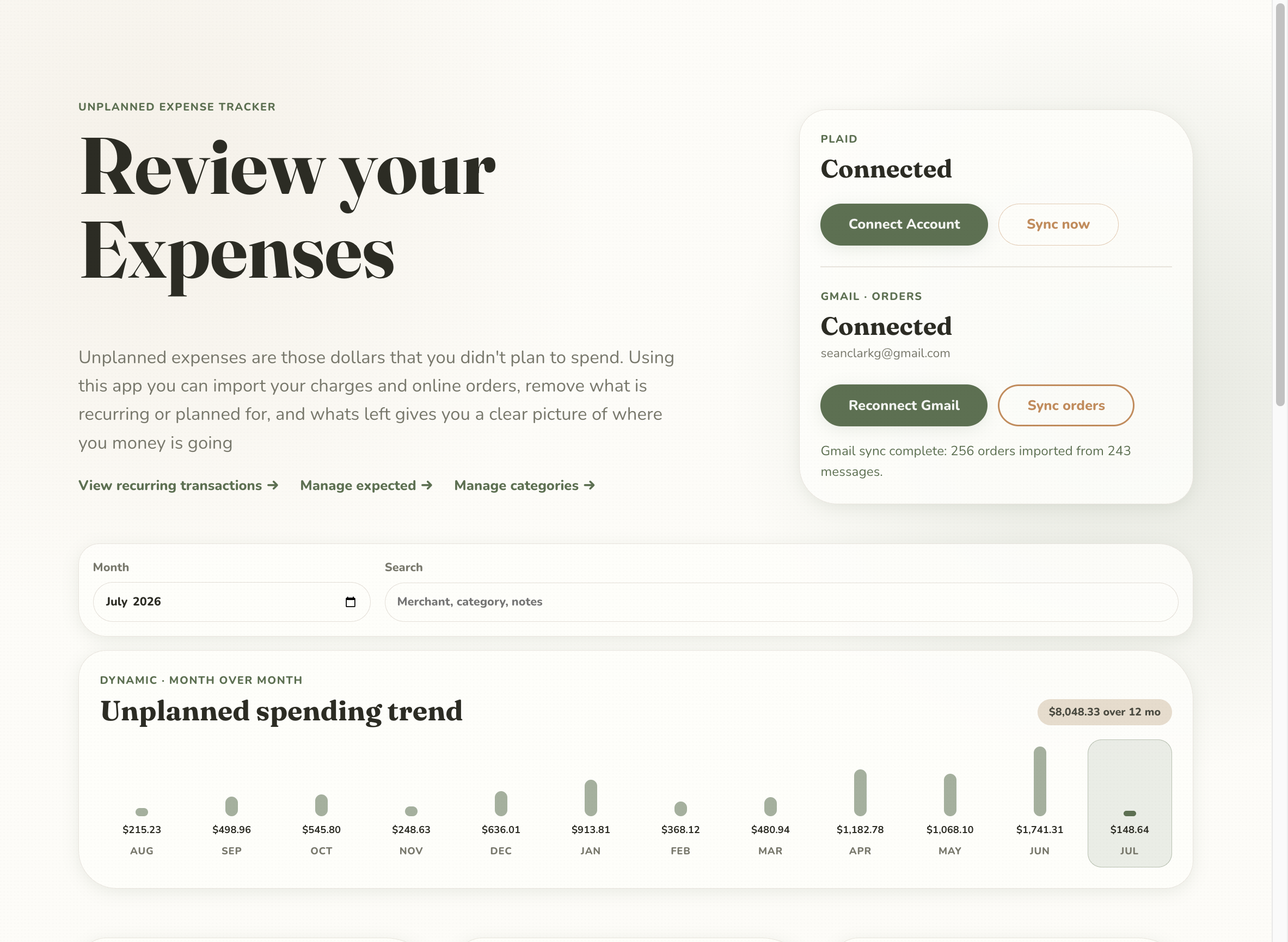 The Unplanned Expenses review dashboard with a month-over-month spending trend