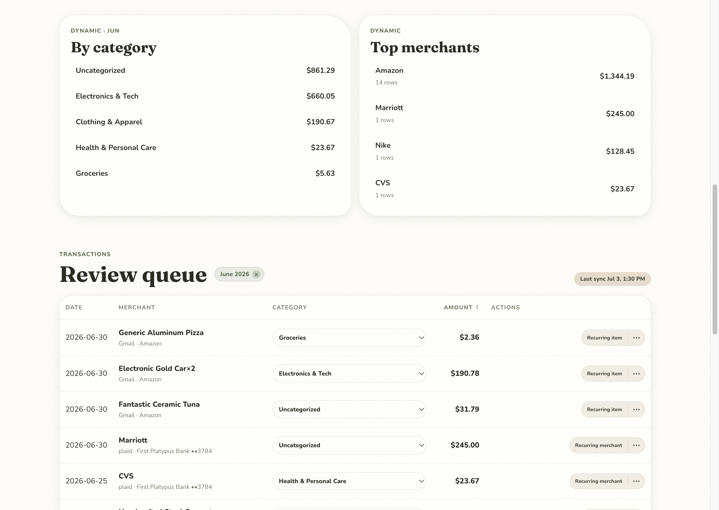 The transaction review queue with per-row category dropdowns and recurring toggles